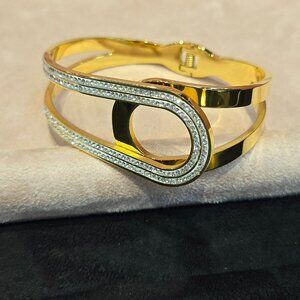 Gold Stainless Steel Bangle Bracelet - Modern Open Circle Design with CZ Crystal